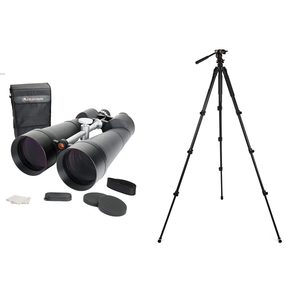 Celestron 71017 SkyMaster 25x100mm Porro Prism Binoculars with Multi-Coated Lens, BaK-4 Prism Glass and Carry Case, Black & 82052 Regal Premium Tripod - Black