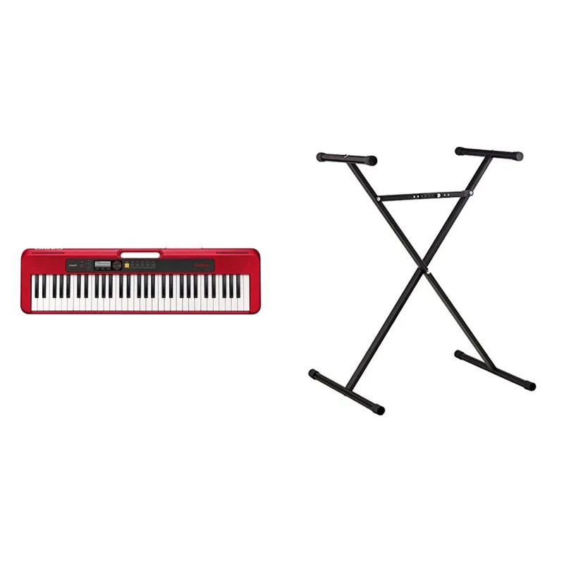 Casio CT-S200RDAD 61 Key Portable Electronic Keyboard in Red with Dance Music Mode and AC Adapter & ARST Keyboard Stand - Black