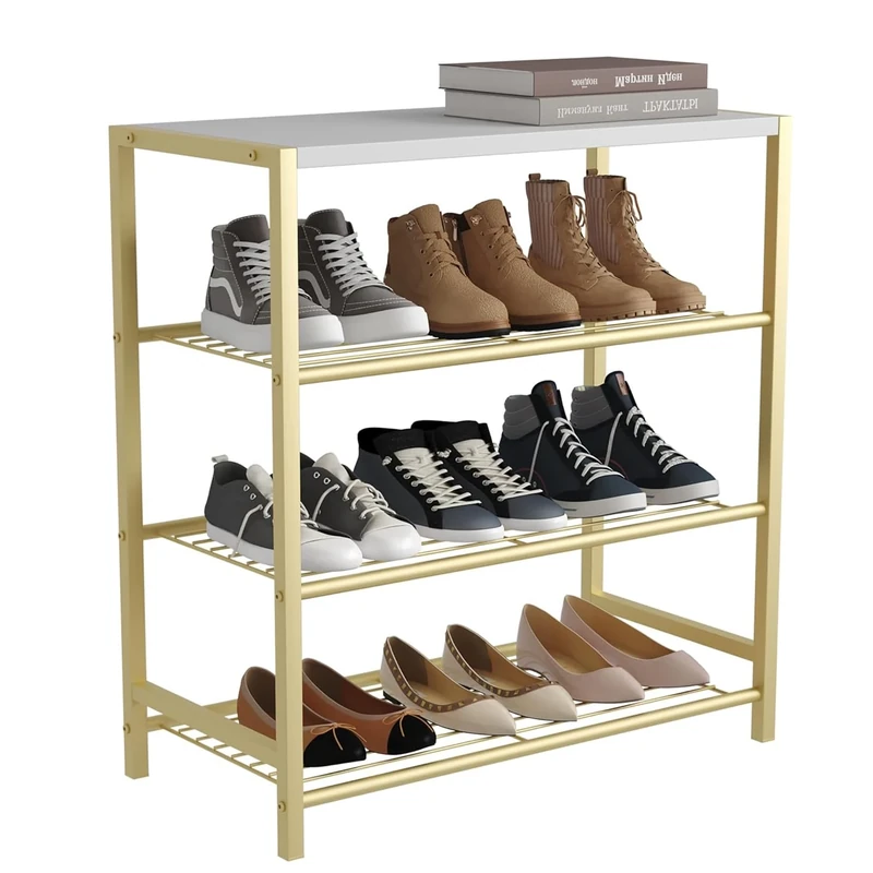 HOME BI 4-Tier Metal Shoe Rack, Storage Organizer Shelf for Closet, Hallway, Entryway, Living Room, Gold