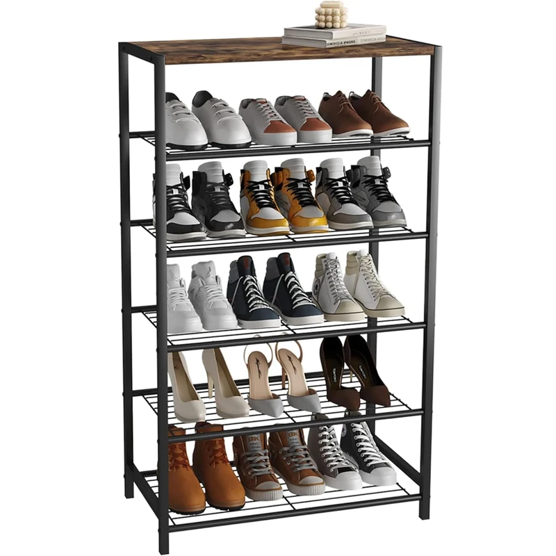 HOME BI 6-Tier Industrial Shoe Rack, Metal Shoe Storage Organizer Shelves with Stable Metal Frame, Shoe Organizer for Closet, Hallway, Entryway, Living Room,Rustic Brown