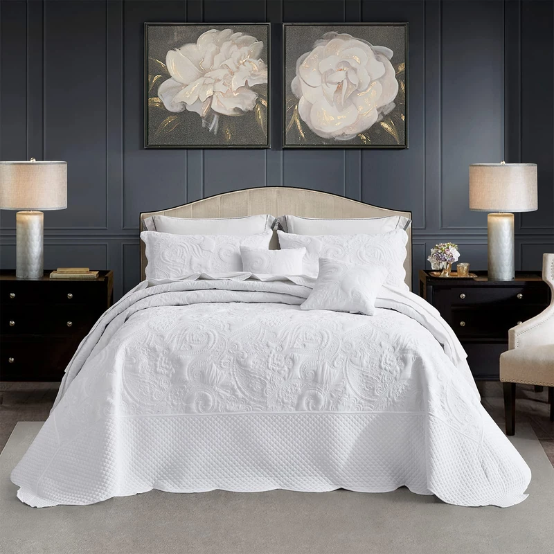 Blythease Oversized King Bedspread, Stitched Paisley, Pure White