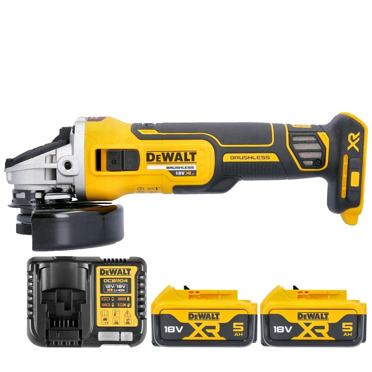 DeWalt DCG405N 18V Brushless 125mm Angle Grinder with 2 x 5.0Ah Batteries & Charger