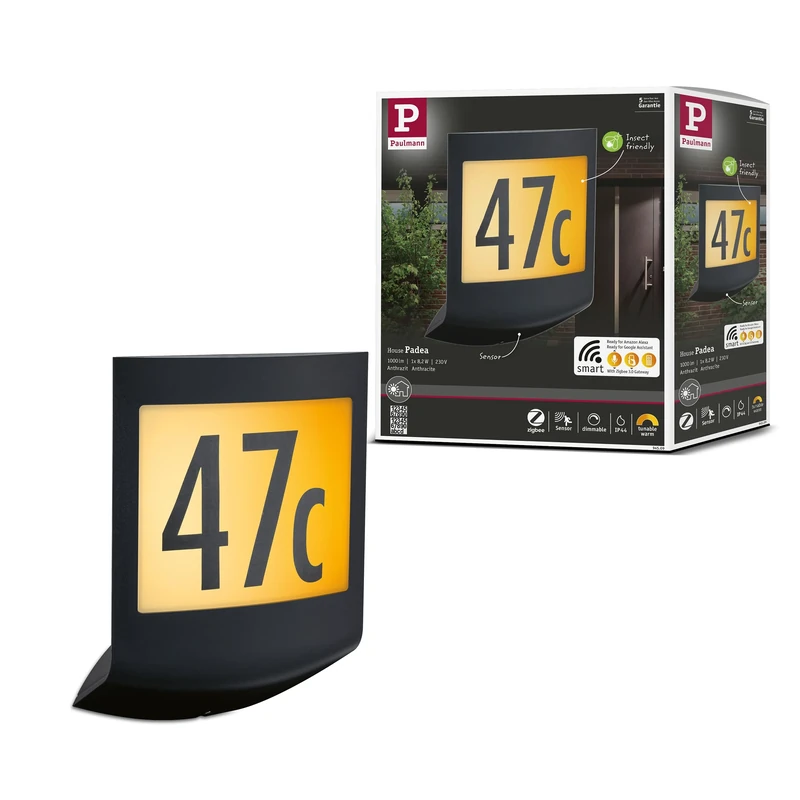 Paulmann 94509 LED outdoor luminaire Smart Home Zigbee house number luminaire Padea IP44 dusk/motion sensor Tunable Warm 10W outdoor 2200-3000K