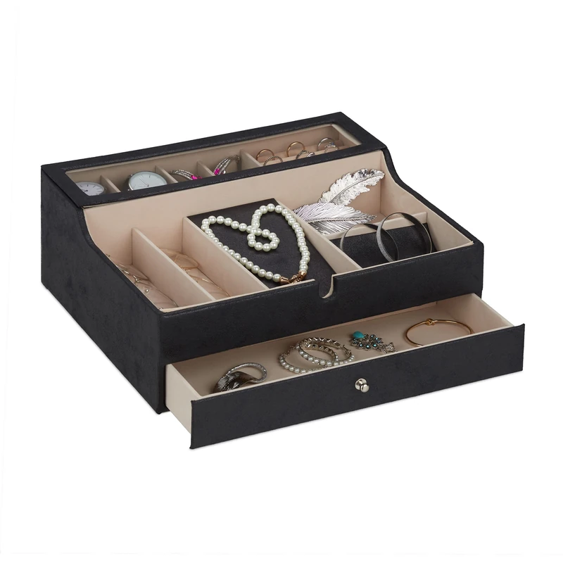 Relaxdays Jewellery Organiser with Lid, Leather Look, Velvet, Jewelry Box for Ladies & Gents, HWD: 13 x 34 x 31cm, Black