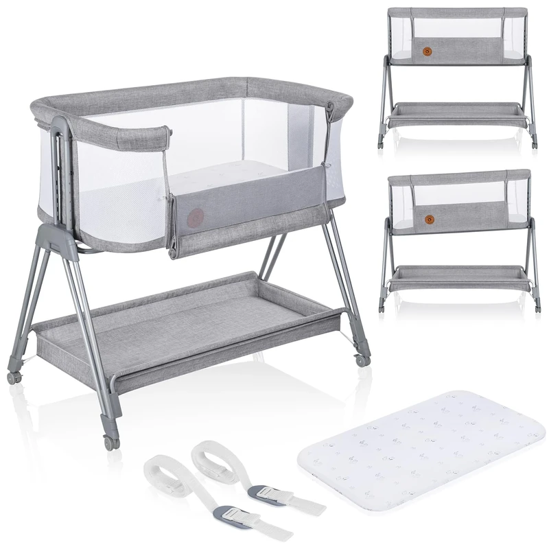 lionelo Luna 2in1 Bedside Crib for babies from Birth to 9kg with Adjustable Height & Incline 4 Lockable Wheels Portable Baby Co-Sleeper Breathable Mesh Washable Mattress & Cover Basket