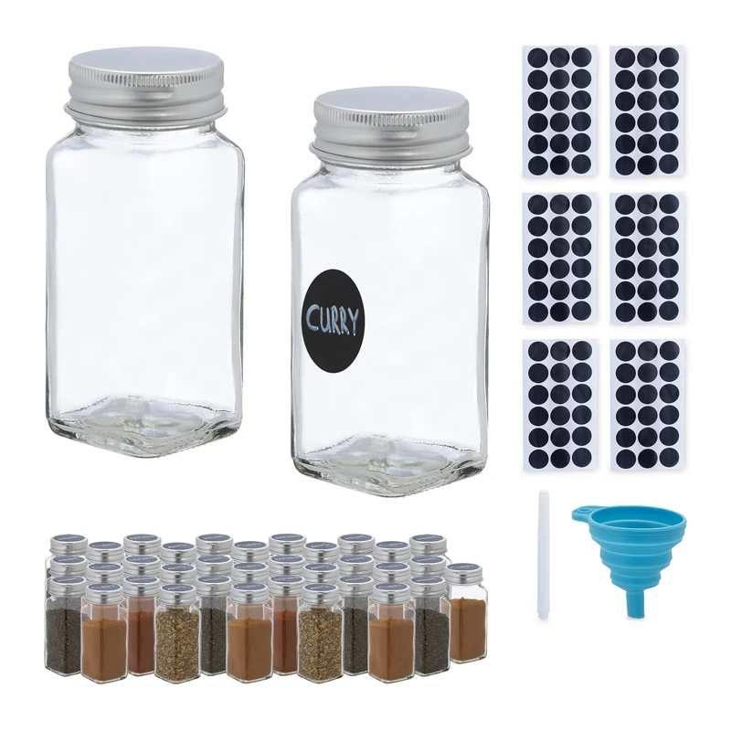 Relaxdays Spice Jars, Set of 36, Sprinkling Insert, Glass Herb Containers, 120 ml, Labels, Pen & Funnel, Transparent, 11 x 4.5 x 4.5 cm