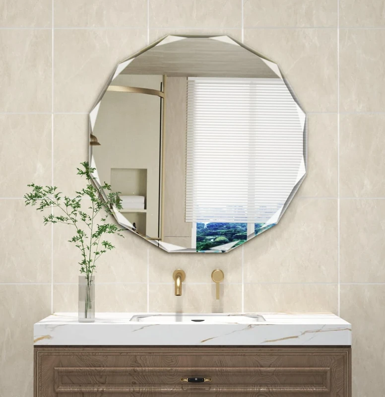 SNUGACE Single Beveled Edge Circle Mirror Frameless Wall Mount Bathroom Vanity Mirror, 30”, Silver