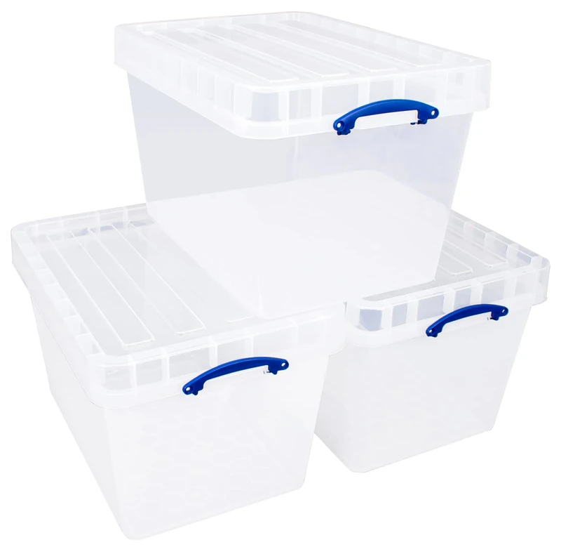 Really Useful Box Plastic Storage 96 Litre with XL Lid Clear (Pack of 3)