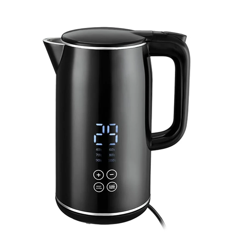 Venga! Electric Jug Kettle 1.7 L, 100% BPA-Free Stainless-Steel Interior, Double Walls, 4-Hour Keep-Warm, Digital Display, 6 Preset Temperatures, Black/Silver, 2200 W, VG JK 3003 BS