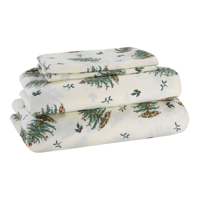 Spode - King Sheets, Cozy 4-Piece Set with Matching Pillowcases, Holiday Room Decor Christmas Tree Ivory, King