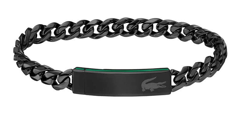 Lacoste Men's BASELINE Collection Chain Bracelet in Black Stainless Steel with an Engraved Plaque - 2040082