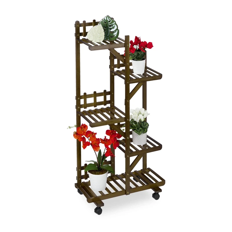 Relaxdays Plant Stand, 5 Shelves, Wheels, Flower Rack, Indoor, H x W x D: 130 x 62 x 36 cm, Bamboo, Brown