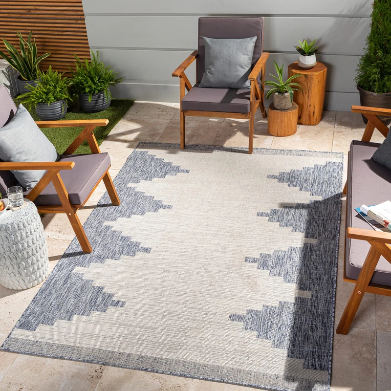 Livabliss Rubal Lagada Geometric Indoor Outdoor Floor Covering 130x180 cm – Boho Pattern for Patio & Garden, UV & Weather Resistant, Navy & Grey - Image 1