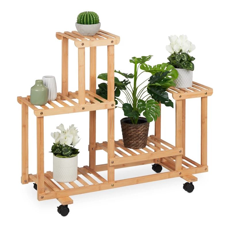 Relaxdays Bamboo Plant Stand - 6 Shelves with Wheels