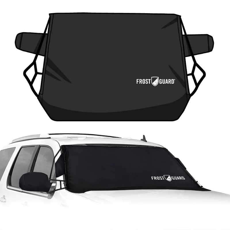 FrostGuard Deluxe | Full-Coverage Car Windshield Cover for Ice and Snow, XL Size - Wiper Blade + Side Mirror Coverage - Fit-Fast Straps + Security Panels - Black, 41 x 68 Inches
