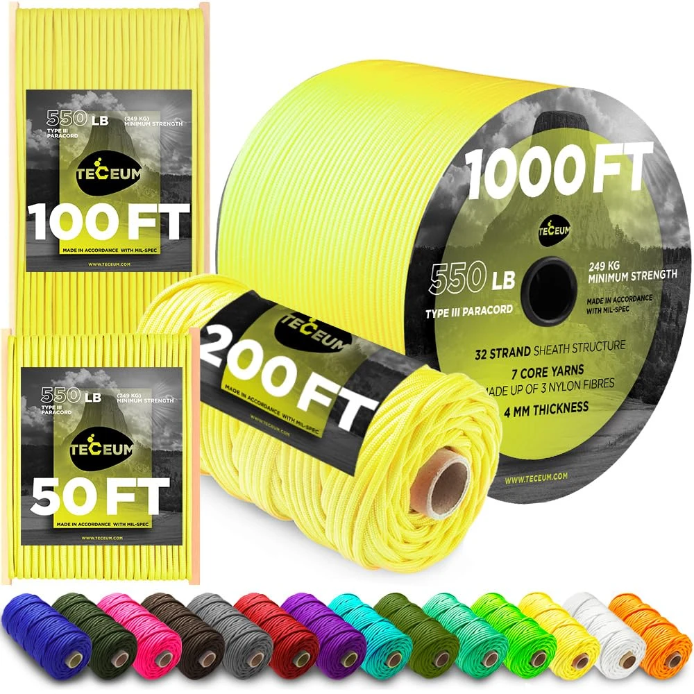 TECEUM Paracord Type III 550 Yellow – 15 m – 4mm – Tactical Rope MIL-SPEC – Outdoor Para Cord – Camping Hiking Fishing Gear and Equipment – EDC Parachute Cord – Strong Survival Rope (50ft) 019