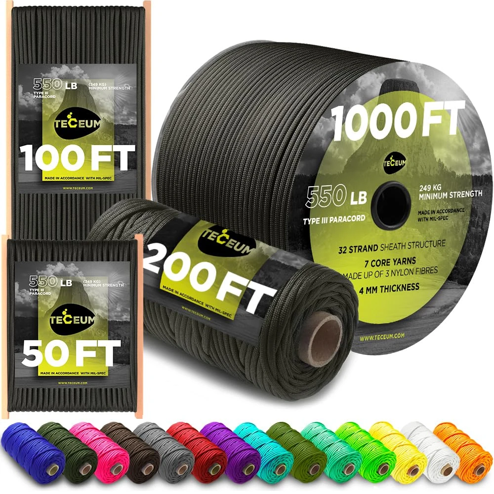 TECEUM Paracord Type III 550 Gun Grey – 15 m – 4mm – Tactical Rope MIL-SPEC – Outdoor Para Cord – Camping Hiking Fishing Gear and Equipment – EDC Parachute Cord – Strong Survival Rope (50ft) 073