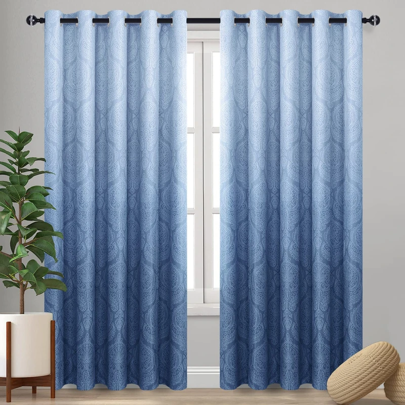 DWCN Navy Blackout Damask Curtains for Bedroom - Ombre Patterned Thermal Insulated Energy Saving Grommet Curtains for Living Room, Set of 2 Gradient Window Curtain Panels, 70 x 96 Inch Navy Blue