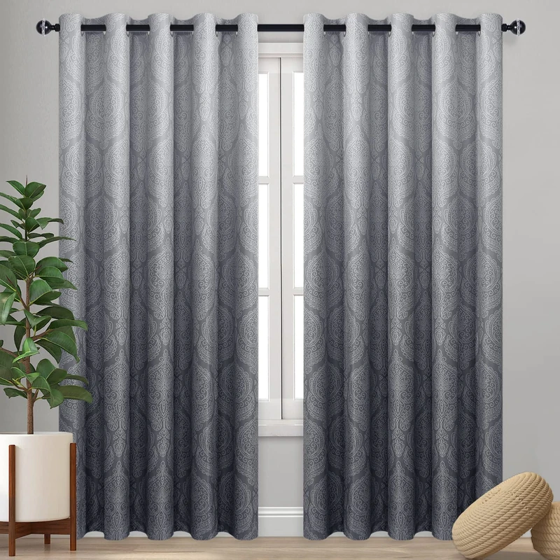 DWCN Grey Ombre Blackout Curtains for Bedroom - Damask Patterned Thermal Insulated Energy Saving Grommet Curtains for Living Room, Set of 2 Gradient Window Curtain Panels, 70 x 96 Inch Length, Grey