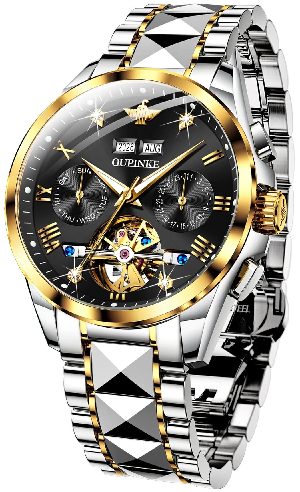 OUPINKE Mens Automatic Watches Diamond Skeleton Self Winding Luxury Dress Wrist Watch Sapphire Crystal Tungsten Steel Luminous Waterproof, Two tone band & black dial