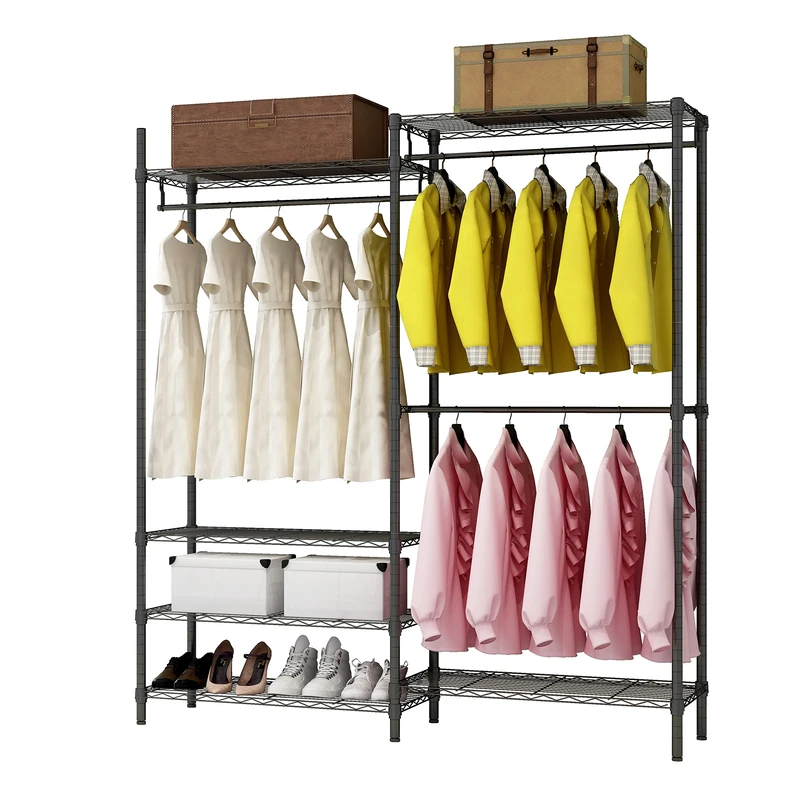 XIOFIO Heavy Duty Garment Rack, Metal Clothing Rack with 3 Hanging Rods and 6 Adjustable Shelves, Freestanding Open Wardrobe Organizer for Hanging Clothes,54"L x 16.5"W x 76.7"H Max Load 600LBS, Black