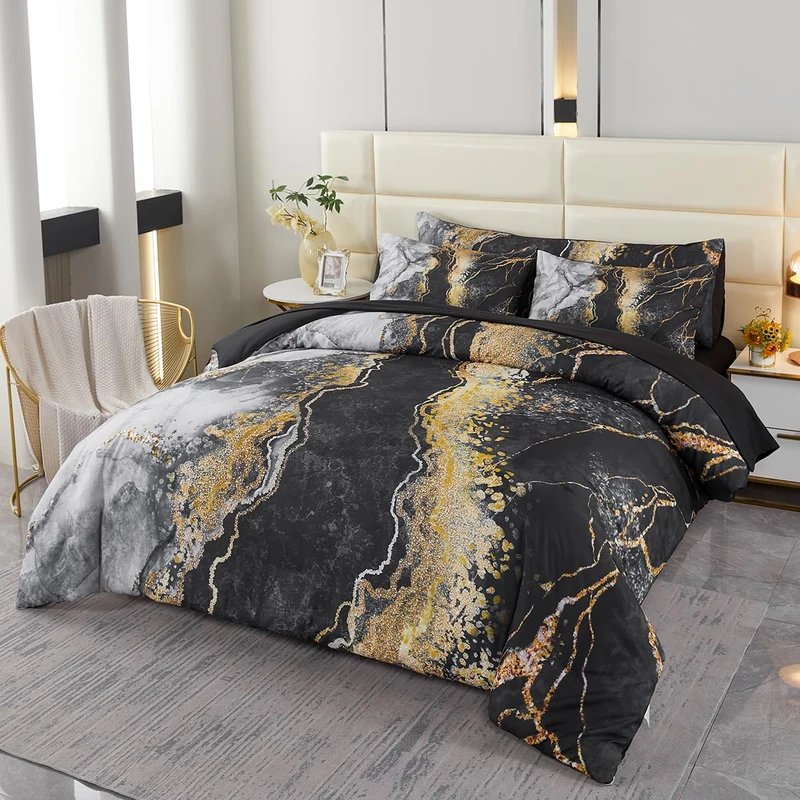PERFEMET 6 PCS Bed in a Bag Black Watercolor Marble Printed Comforter Set for Queen Bed Burning Mountain Pattern Bedding Set with Sheets Retro Artwork Design Quilt Sets(Black, Queen)