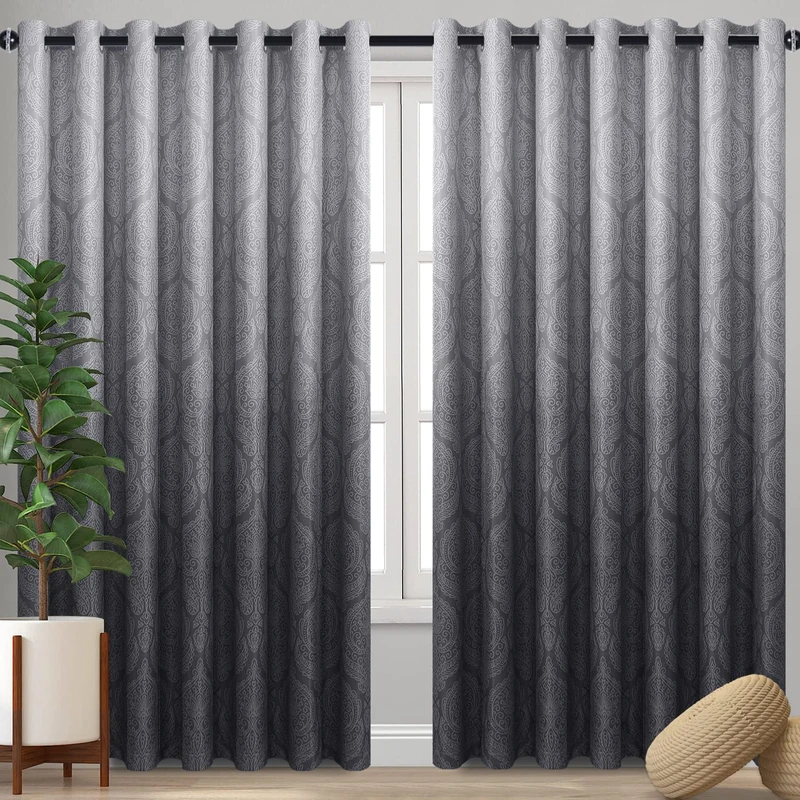 DWCN Grey Ombre Blackout Curtains for Bedroom - Damask Patterned Thermal Insulated Energy Saving Grommet Curtains for Living Room, Set of 2 Gradient Window Curtain Panels, 120 x 84 Inch Length, Grey