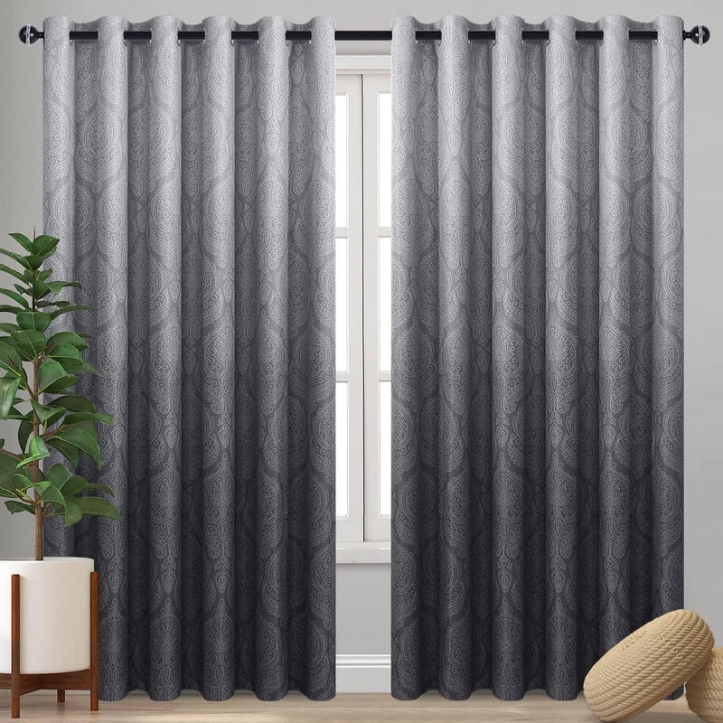 DWCN Grey Ombre Blackout Curtains for Bedroom - Damask Patterned Thermal Insulated Energy Saving Grommet Curtains for Living Room, Set of 2 Gradient Window Curtain Panels, 100 x 96 Inch, Grey