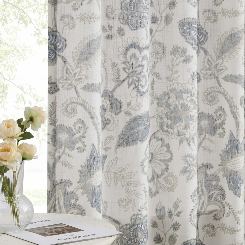 Kayne Studio Backtab Rod Pocket Jacobean Floral Semi Sheer Curtains Boho Botanical Leaf Printed Vintage Farmhouse Blue Grey Light Filtering Window Treatment Sets Living Room Bedroom,52"x84",2 Panels