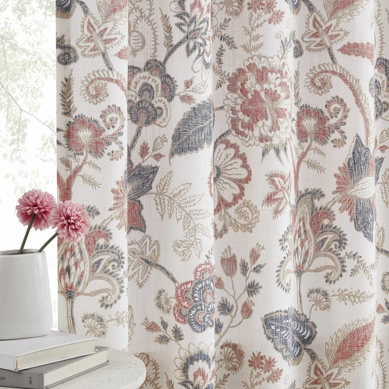 Kayne Studio Backtab Rod Pocket Jacobean Floral Semi Sheer Curtains Botanical Leaf Printed Vintage Farmhouse Navy Red Light Filtering Window Treatment Sets Living Room Bedroom,52"x84",2 Panels