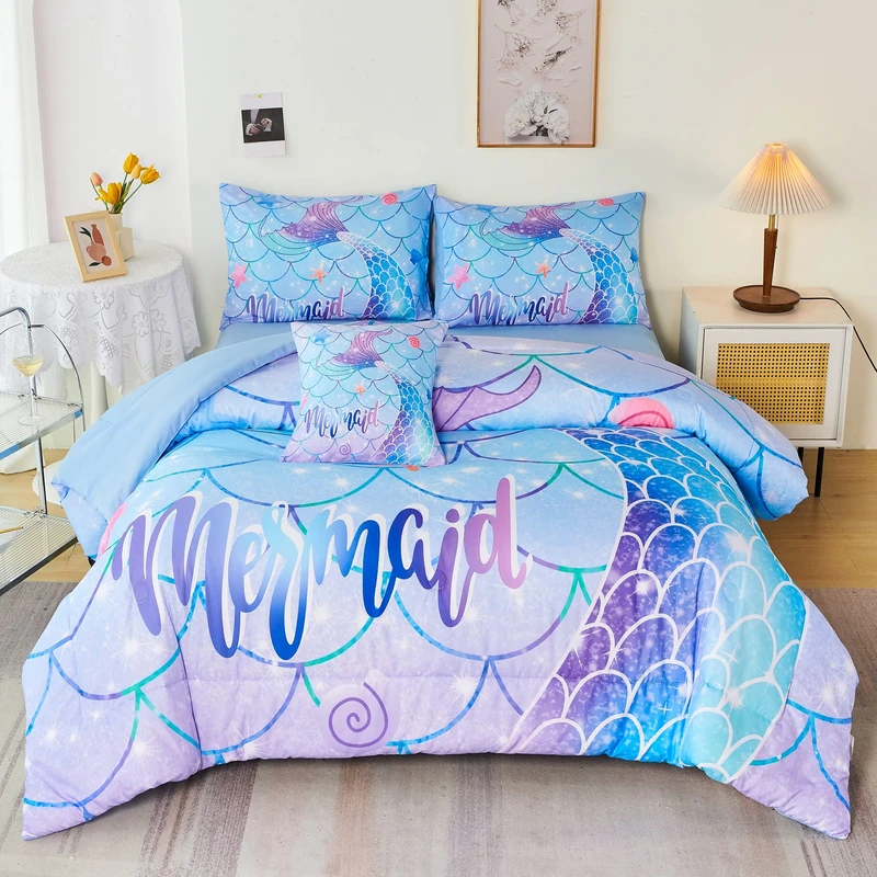 RYNGHIPY 6Pcs Mermaid Tail Comforter Set for Girls, Mermaid Fish Scale Girls Bed in a Bag Queen Size, Teal Purple Rainbow Bedding Set