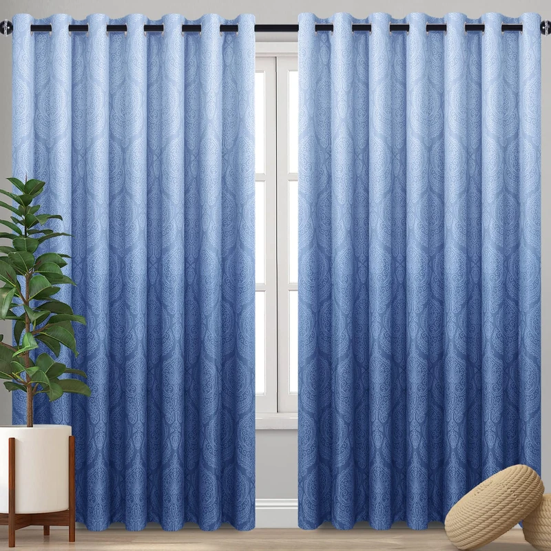 DWCN Blackout Ombre Damask Curtains for Bedroom - Patterned Thermal Insulated Energy Saving Grommet Curtains for Living Room, Set of 2 Gradient Window Curtain Panels, 120 x 84 Inch, Navy Blue