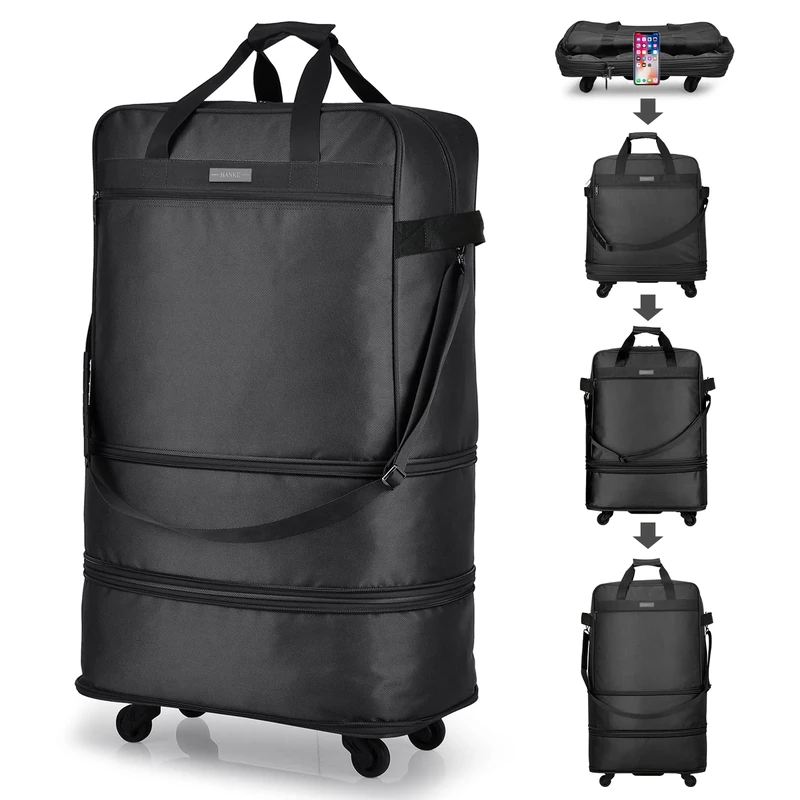 Hanke Expandable Large Suitcase 4 Wheels Lightweight Collapsible,Foldable Suitcases &Travel Bags Hand Luggage Extend 20/24/28 inch Suitcases Duffel Bag Without Telescopic Handle for Men & Women,Black