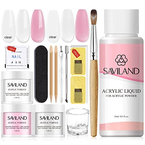 Saviland Acrylic Nail Kit - Set for Extension & Application Powder and Liquid File Form Beginners DIY Nails Home Salon, Clear Pink White-03