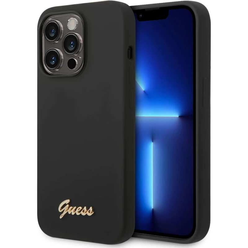 Guess GUHCP14LSLSMK Hard Case for iPhone 14 Pro 6.1 Inch Black/Black Silicone Vintage Gold Logo