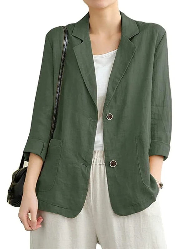 IDEALSANXUN Cotton Linen Blazer for Womens Long Sleeve Loose Casual Blazer Jackets, Army, M