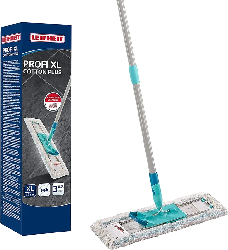 Leifheit Profi XL Cotton Plus Flat Mop with 146 cm Handle, 42 cm Large Flat Floor Mop Head, 360° Universal Joint for Easy Steering, Highly Absorbent, for Stone and Tile Floors