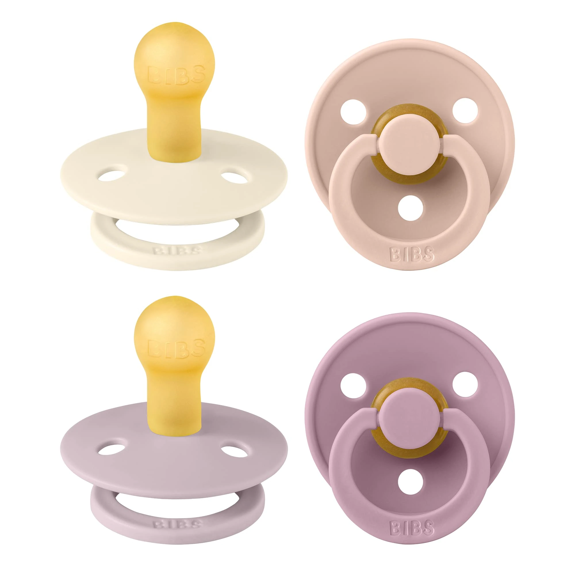 BIBS Dummies Colour 4-Pack, BPA Free Dummy Pacifier, Round Nipple Soothers, Natural Rubber Latex, Made in Denmark. 0-6 Months (Pack of 4), Baby Girl Colours