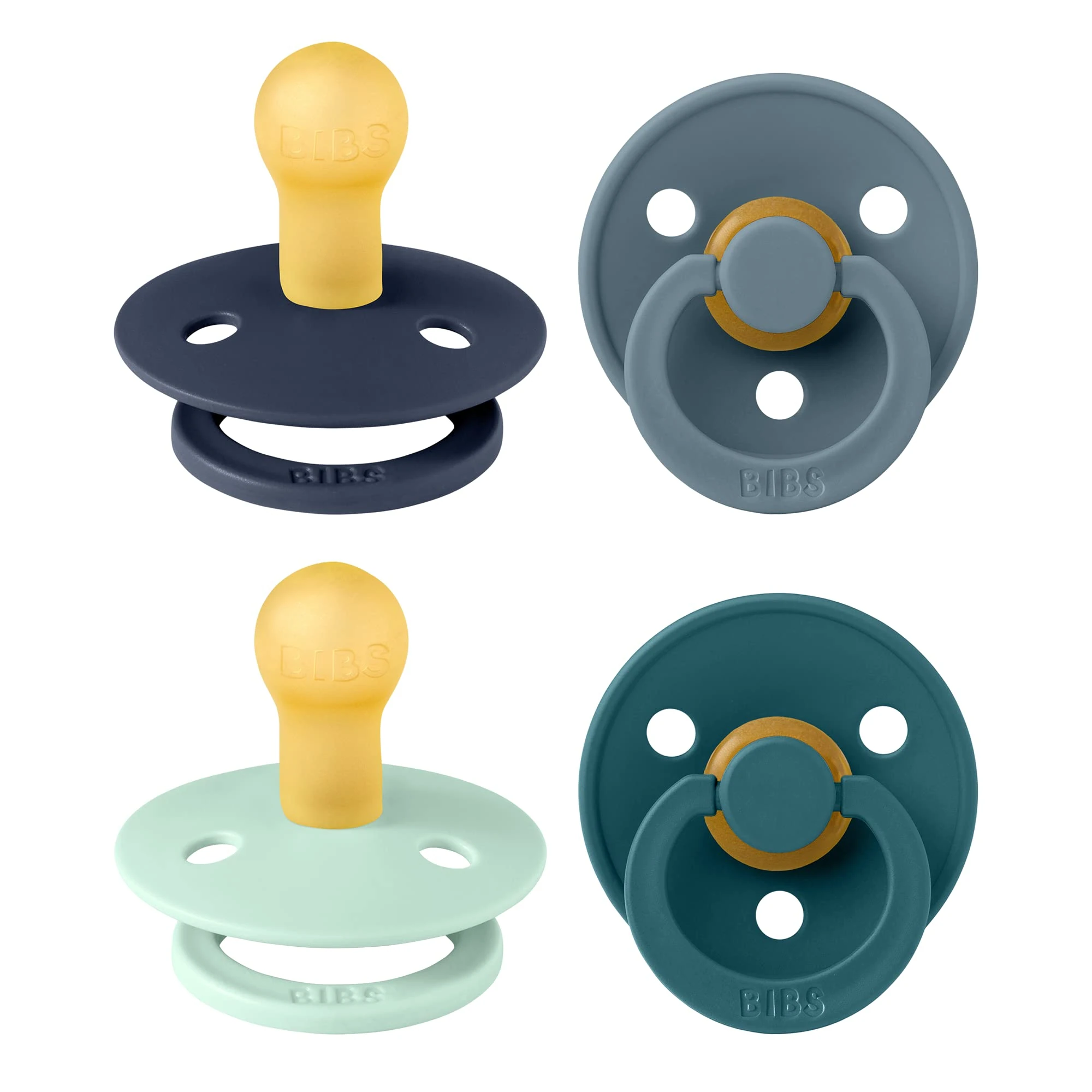 BIBS Dummies Colour 4-Pack, BPA Free Dummy Pacifier, Round Nipple Soothers, Natural Rubber Latex, Made in Denmark. 0-6 Months (Pack of 4), Baby Boy Colours