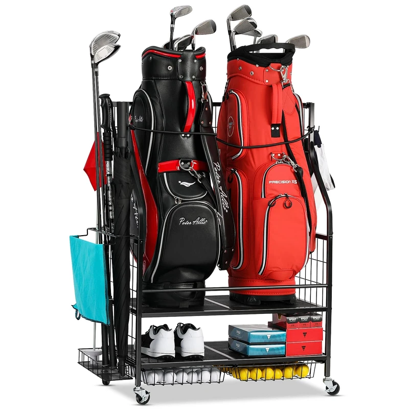 FHXZH Golf Bag Storage & Organizer - Stand for 2 Bags & Clubs, Balls, Equipment, Extra Large Rack for Garage, Club, Shed, Basement