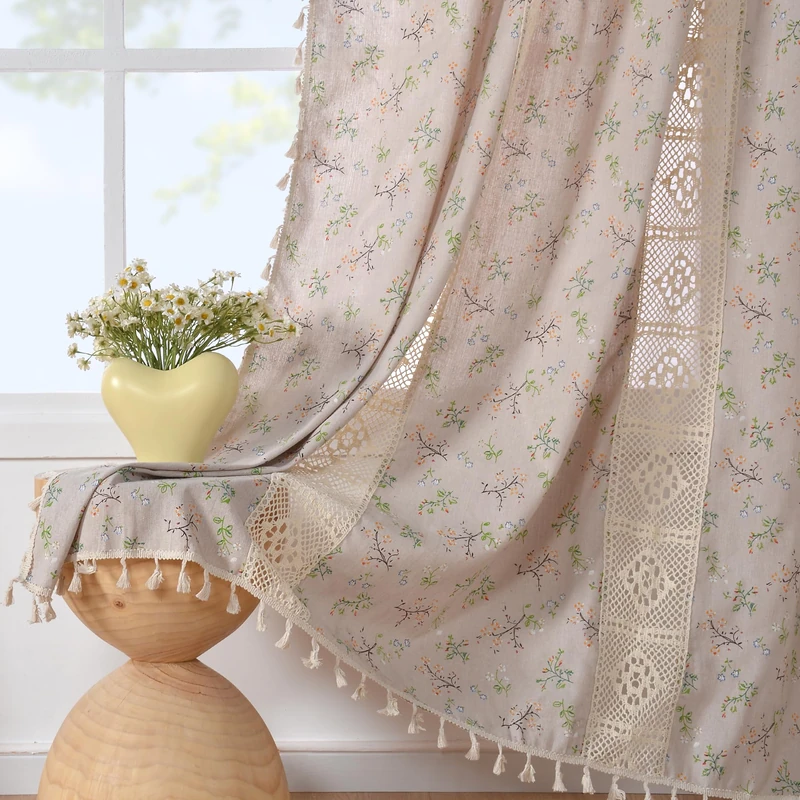 JOOJA Boho Floral Semi-Blackout Windows Crochet Curtains - Geometric Cotton Linen Tassel Panels for Bedroom & Living Room (Crochet Cotton Floral, 59x96)