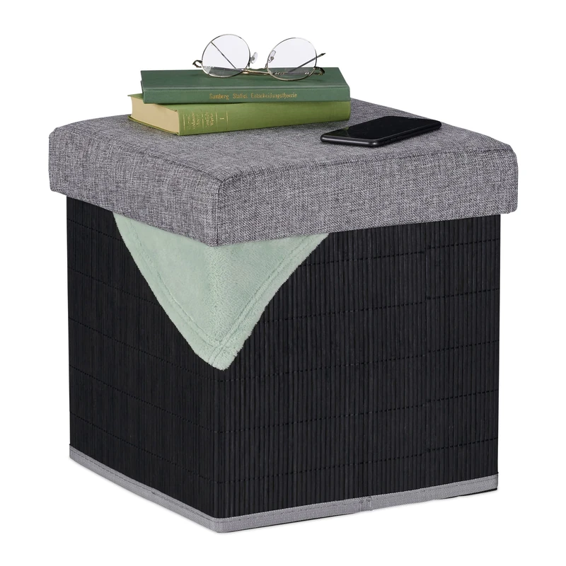 Relaxdays Stool with Storage, Padded, Folding, Bamboo & Fabric, HxWxD: 36 x 35 x 35 cm, Sofa Footstool, Black/Grey