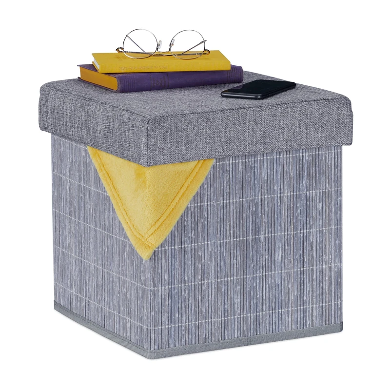 Relaxdays Stool with Storage Compartment, Padded, Folding, Bamboo & Fabric, HxWxD: 36 x 35 x 35 cm, Sofa Footstool, Grey