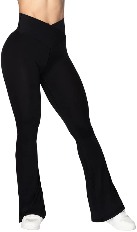 Sunzel Flare Leggings, Crossover Yoga Pants with Tummy Control, High-Waisted and Wide Leg, Black, S
