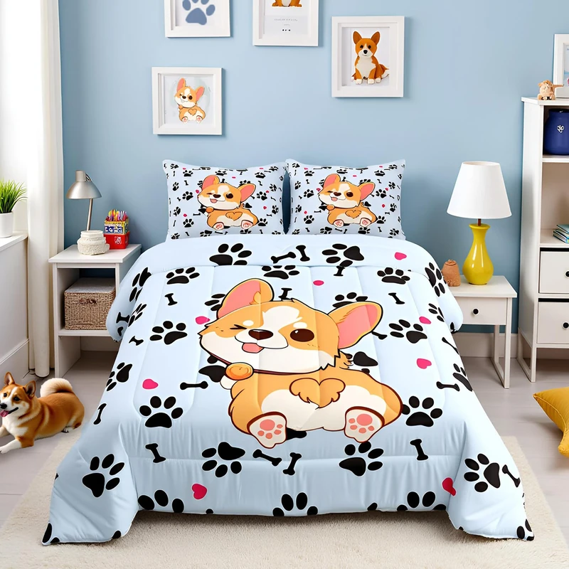 Castle Fairy Cute Corgi Bedding Set Queen Size,Cartoon Dog Footprint Bones Comforter Set 3pcs for Kids Boys Girls Room Decor,Smiling Doggy Quilt Set Family Paw Duvet Insert with 2 Pillowcases,Blue