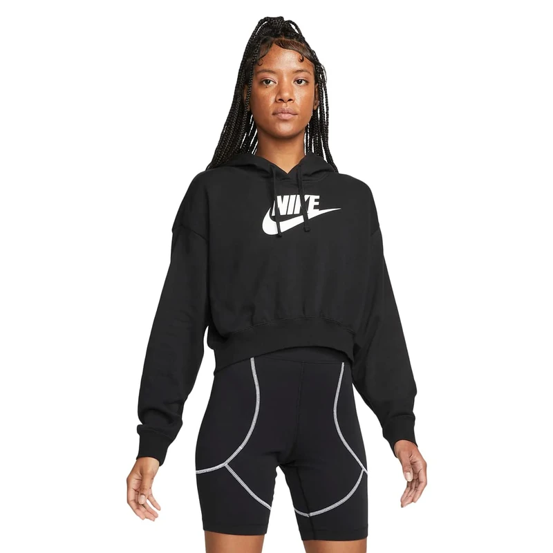 NIKE DQ5850-010 W NSW CLUB FLC GX CROP HDY Sweatshirt Women's Black/White Size M