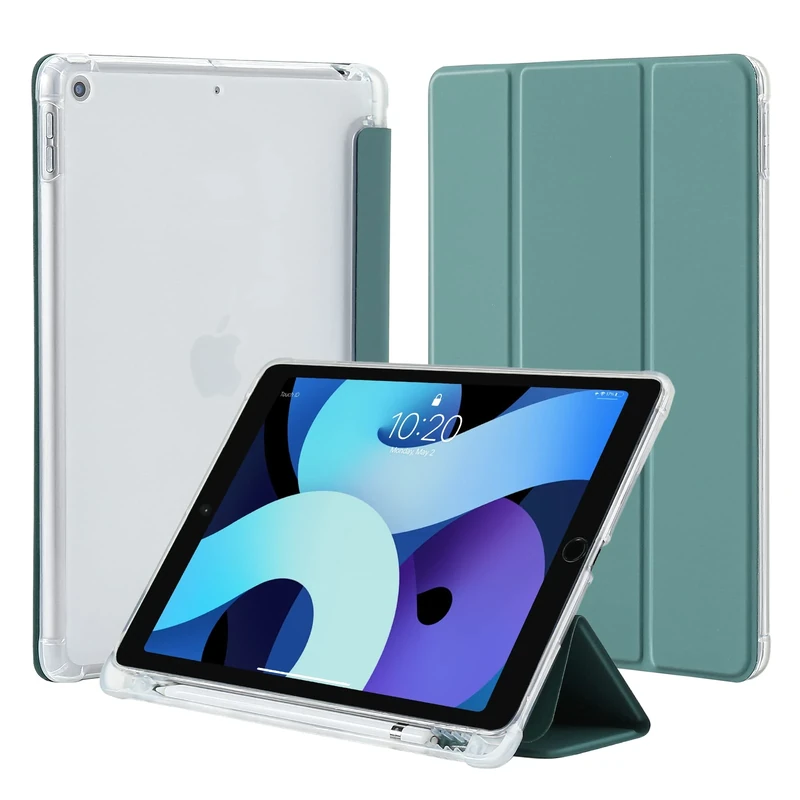 4UBonLife Case for iPad 10.2 inch 9th 8th 7th Generation Case 2021/2020/2019 with Pencil Holder, Slim Stand Smart Case Soft TPU Translucent Frosted Back Cover Shell for Apple iPad 9/8/7, Night Green