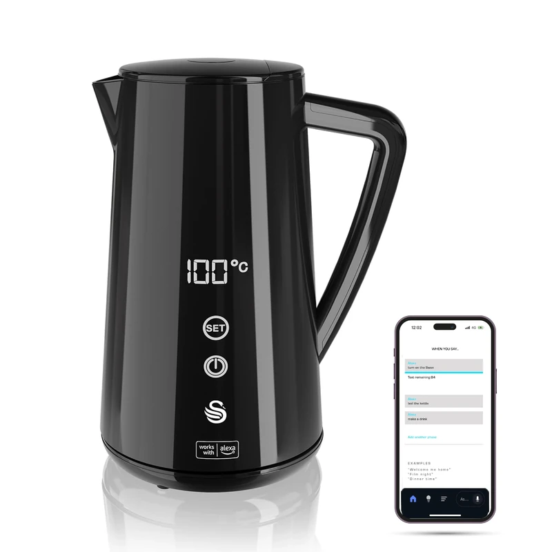 Swan Alexa Smart Kettle, 1.5L Voice-Controlled Kettle with LED Touch Panel, 6 Temperature Settings, Keep Warm Function, Double Wall Insulated, Stainless Steel Interior, Black, SK14650BLKN