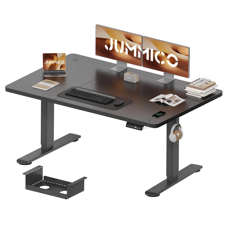 JUMMICO 140 x 70 cm Electric Standing Desk with USB Charging, Sedentary Reminder Height Adjustable Standing Desk, Sit Stand Desk, Adjustable Desk Stand Up Desk for Home Office, Black & Black