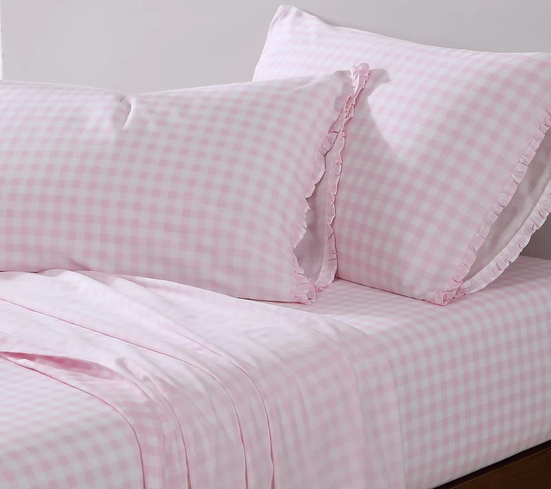 Shabby Chic® - King Sheets, Soft & Breathable Organic Cotton Bedding Set, Classic Style Home Decor with Ruffled Pillowcases (Gingham Pink, King) - Image 1